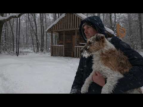 A man and a puppy hide from a blizzard in an old abandoned house