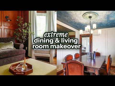 EXTREME living & dining room makeover | wallpaper ceiling, thrifted furniture, upcycles + more!