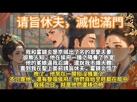 完結爽文：请旨休夫，滅他滿門。我和霍錦炎是京城出了名的恩愛夫妻。怎料他在侯府一牆之隔養了外室。他們卿卿我我，孕育子嗣。他的爹娘逼我忍讓，還說我不識大體。霍錦炎忘了，他曾立誓，愛我護我捧在掌心，此生不移