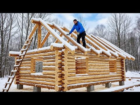 Survival Build: Cozy Small Log Cabin ALONE in the Wilderness | 30 Days in a Snowstorm