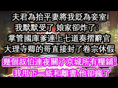 夫君為抬平妻將我貶為妾室我默默受了 娘家卻炸了：掌管國庫爹連上七道奏摺辭官大理寺卿的哥直接封了卷宗休假幾個叔伯連夜關了京城所有糧鋪！我甩下一紙和離書 他卻瘋了【花開】【愛情】【生活】