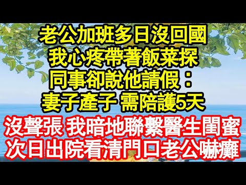 老公加班多日沒回國家，我心疼帶著飯菜探望，同事卻傻眼說他請假：妻子產子 需陪護5天，沒聲張 我暗地聯繫醫生閨蜜，次日出院看清門口老公嚇癱真情故事會|老年故事|情感需求|養老|家庭