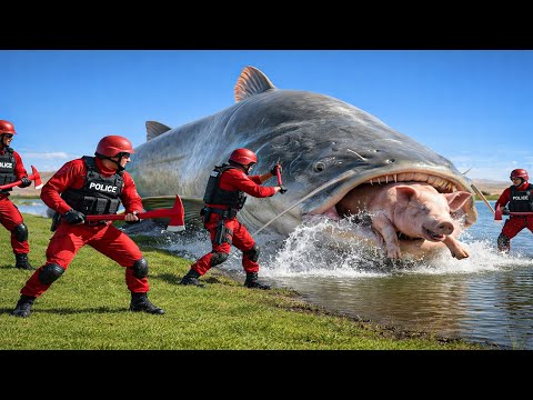 heroic rescue team saves a lone piglet in the desert from an attack by a giant catfishv🐷🐟