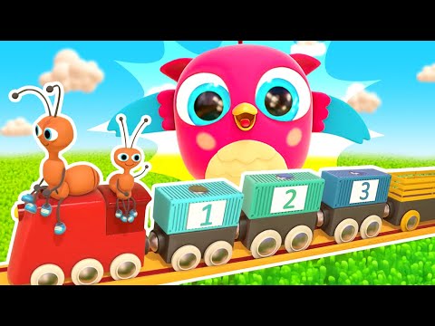 A toy railroad for toy trains for kids. Hop Hop and Peck Peck open colorful balls and find new toys.