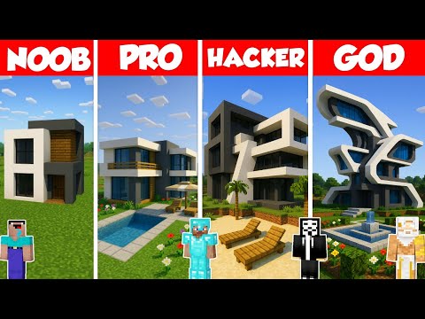 Modern House Build Battle Challenge - Noob vs Pro vs Hacker vs God - Minecraft Animation
