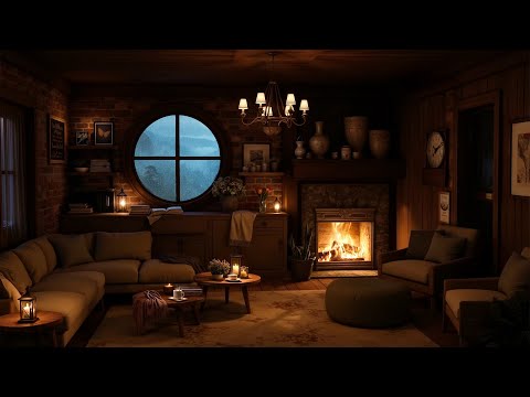 Rainy Night in Cozy Room Ambience 🌧️ Calm Jazz Music with Rain & Fireplace Sounds for Stress Relief