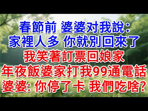 春節前婆婆对我說：家裡人多 你就別回來了！我笑著訂票回娘家，年夜飯婆家打我99通電話，婆婆：你把卡停了 我們吃什麼？#為人處世#生活經驗#情感故事#故事#小說#戀愛#情感#婚姻