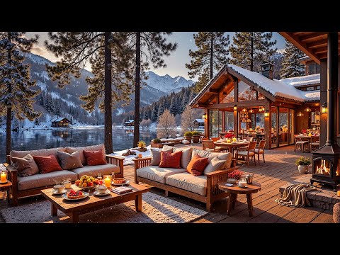 Tranquil Winter Scene at Outdoor Coffee Shop Ambience ❄️ Soft Piano Jazz Music & Snowfall for Relax