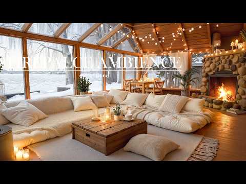 Snowy Lakeside Lounge Jazz ❄️ Stone Fireplace Ambience for Relaxation, Study & Cozy Winter Nights