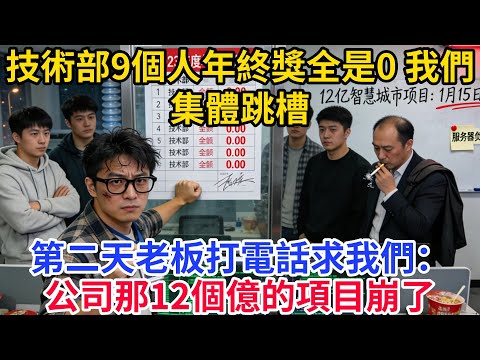 技術部9個人年終獎全是0,我們集體跳槽,第二天老板打電話求我們:公司那12個億的項目崩了【情箋故事鋪】#爽文#故事#小说#正能量#流量#職場#職場文化#完結 #跳槽 #年終獎