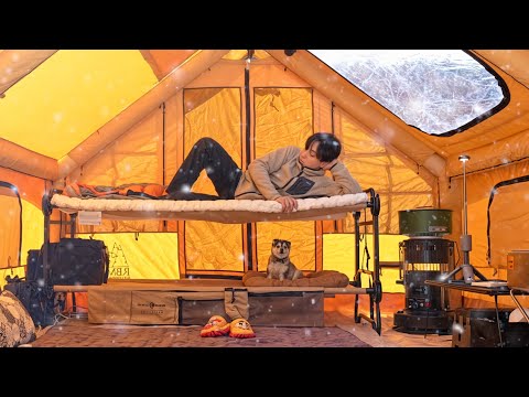 Cozy & Relax Camping in Inflatable Tent with Wood Stove and Dog
