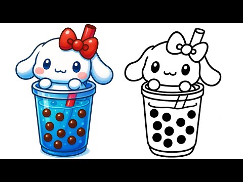 Hello Kitty Tarzında Cinnamoroll Bubble Tea Çizimi 💖Cute Cinnamoroll Bubble Tea in Hello Kitty Style