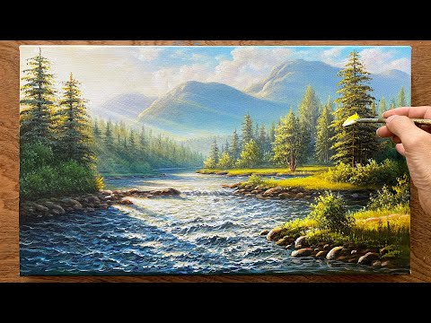How to draw a landscape with beautiful morning sunlight / Learn Acrylic painting / Art painting.