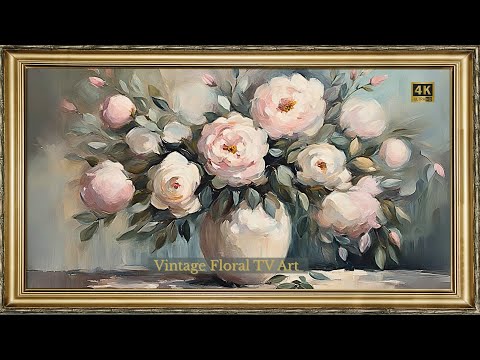 FREE TV ART SCREENSAVER BACKGROUND FRAMED GARDEN ROSES PEONY FLORAL PAINTING NO SOUND WALLPAPER 4K