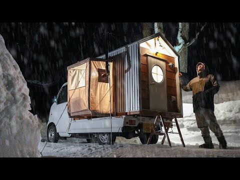 WARM WINTER CAMP with STOVE｜DIY Mini-Truck Camper