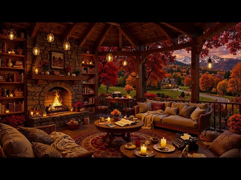Cozy Cabin in the Autumn Forest Vibes🍁 Smooth Piano Jazz & Fireplace Crackle for Work, Stress Relief
