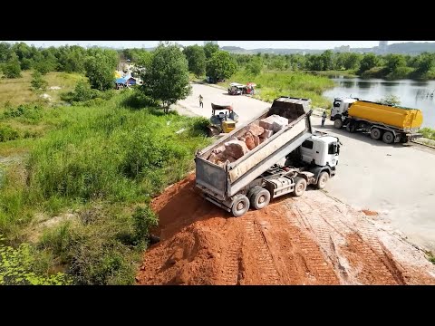 SO Cool! Nicely Starting Large Landfill Project Excellent Bulldozers Moving Stones With Trucks Dump