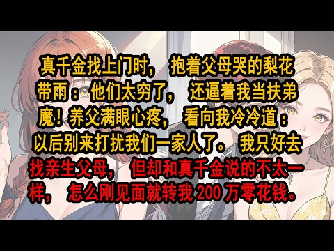 真千金找上門時，抱著父母哭的梨花帶雨：他們太窮了，還逼著我當扶弟魔！養父滿眼心疼，看向我冷冷道：以後別來打擾我們一家人了。我只好去找親生父母，但卻和真千金說的不太一樣，怎麼剛見面就轉我200萬零花錢。