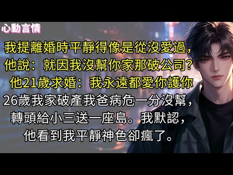 我提離婚時平靜得像是從沒愛過，他說：「就因為我沒幫你家那小破公司？」我沒提他21歲求婚：「我永遠都會愛你護你。」26歲我家破產我爸病危一分沒幫，轉頭給小三送一座島。我默認，他看到我平靜神色卻瘋了。