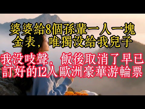 婆婆給8個孫輩一人一塊金表，唯獨沒給我兒子，我沒吱聲，飯後取消了早已訂好的12人歐洲豪華郵輪票