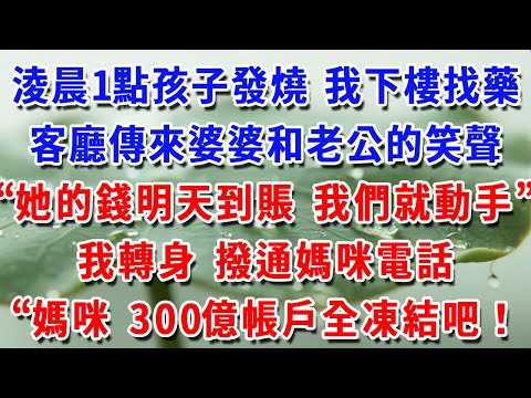 淩晨一點，孩子發燒，我下樓找藥，客廳傳來婆婆和老公的笑聲，“她的錢明天到賬，我們就動手。”我轉身撥通媽咪電話：全帳戶凍結！#一帆說故事 #為人處世 #生活經驗 #情感 #故事 #彩礼