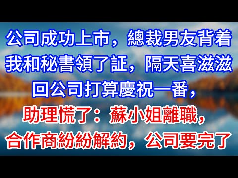 【完結】公司成功上市，總裁男友背着我和秘書領了証，隔天喜滋滋回公司打算慶祝一番，助理慌了：蘇小姐離職，合作商紛紛解約，公司要完了#為人處世 #生活經驗 #情感故事 #故事 #小說 #戀愛 #情感