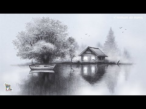 How to draw House with light and boat in Scenery Art with Pencil