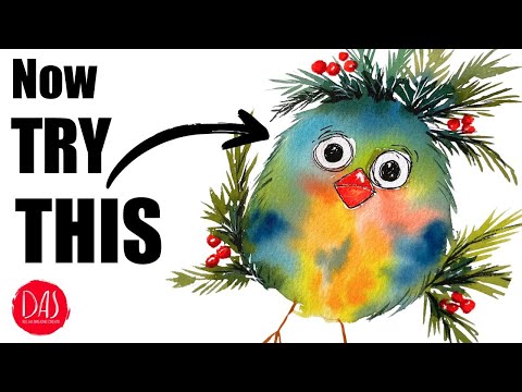 INSTANT ARTIST HACK! Paint a Cute Whimsical Watercolor Christmas Bird (Beginner Friendly + Sketch)