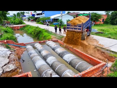 Nice work delete Drain skill equipment project !! Team Truck unloading with dozer push stone