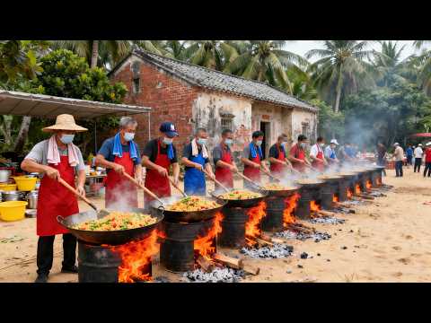 A spectacular wedding banquet in rural Hainan, China, with 15 large pots cooking simultaneously!