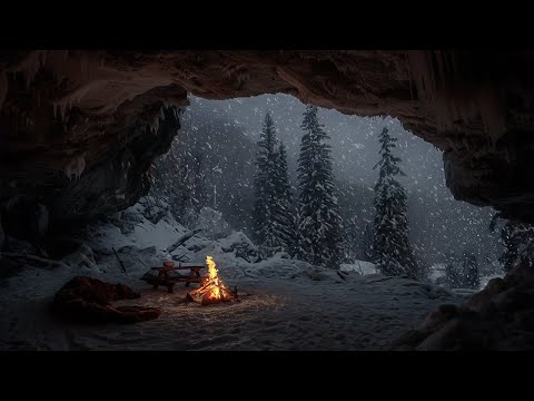 Winter Cave Ambience 😴 Snowstorm, Howling Wind, and Fireplace Sounds for Deep Sleep and Relaxation