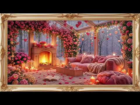 Cozy Winter Roses Cabin Fireplace | Vintage Pink Painting TV Art Gold Frame | Romantic Love Storyโ๏ธ๐น