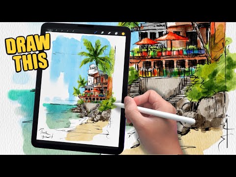 PROCREATE Landscape Drawing Tutorial - Seaside restaurant