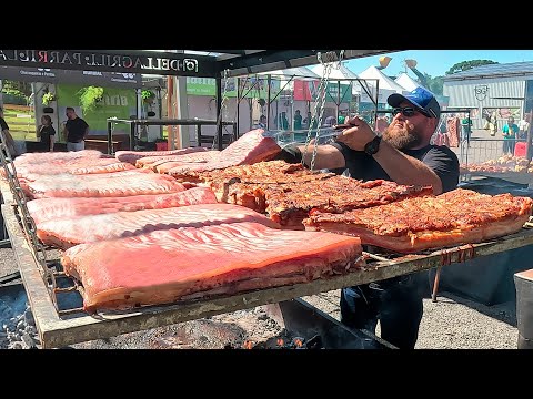 The incredible barbecued pork belly with crispy skin. Pork rinds  and juicy meat. Full version
