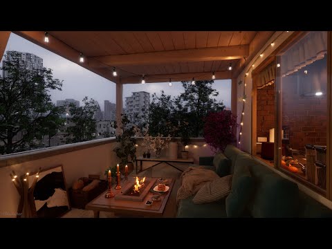 Cozy Balcony Ambience On A Calm, Rainy Spring Day | Rain, Crackling Fire, Cricket Sounds