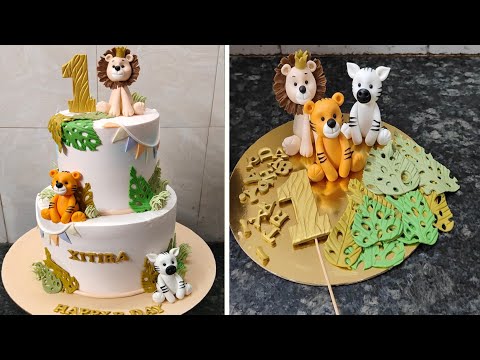 Two Step 1st Birthday Animal Cake Design|1St Birthday Cake with Fondant Animal Decoration