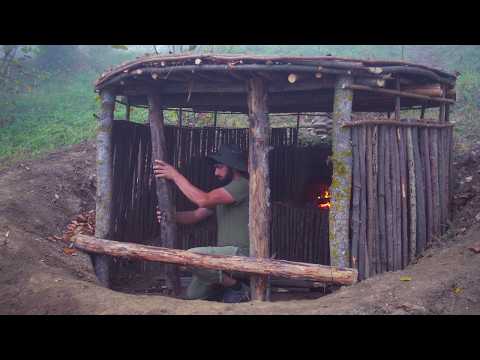 SURVIVAL Expert Builds ROUND Dugout Shelter in the WILD! Grass Roof & Fireplace