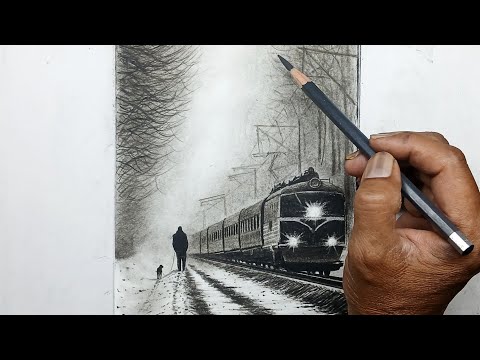 Train landscape scenery drawing with pencil step by step.