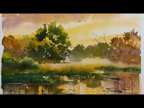 Золотой рассвет акварелью, подробный и полный  урок для начинающих