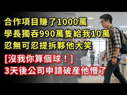 合作項目賺了1000萬，學長獨吞990萬隻給我10萬，忍無可忍提拆夥他大笑[沒我你算個球！]3天後公司申請破産他懵了