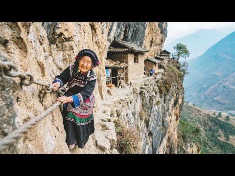 Walking to the hidden ancient village on the cliffs in Sichuan  which can only be accessed by climb