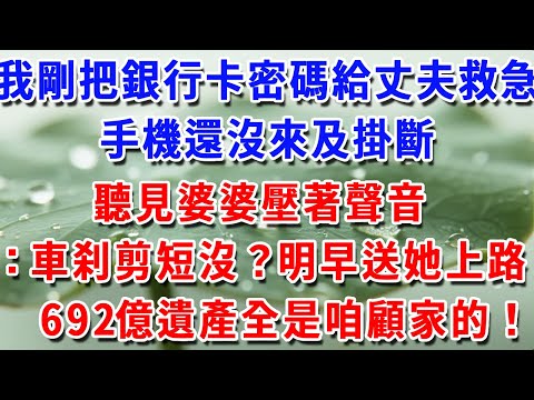 我剛把銀行卡密碼，給丈夫救急，手機還沒來及掛斷，聽見婆婆壓著聲音：車刹剪短沒？明早送她上路692億遺產全是咱顧家的！#一帆說故事 #為人處世 #生活經驗 #情感 #故事