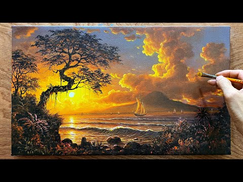 Techniques for painting sunsets at sea / Beautiful coastal landscape paintings / A Lu Art.