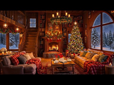 Winter Night in Cozy Reading Nook with Soft Jazz Music & Fireplace Sounds for Relaxation ❄️