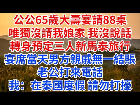 公公65歲大壽宴請88桌，唯獨沒請我娘家，我笑笑沒說話，轉身預定三人新馬泰旅行，宴席當天，男方親戚無一結賬，老公打來電話，我：在泰國度假，請勿打擾！#情感故事 #故事分享 #家庭矛盾#公公#壽宴
