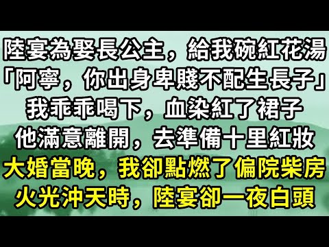 陸宴為娶長公主，給我碗紅花湯「阿寧，你出身卑賤不配生長子」我乖乖喝下，血染紅了裙子。他滿意離開，去準備十里紅妝。大婚當晚，我卻點燃了偏院柴房。火光沖天時，陸宴卻一夜白頭#小说