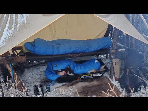 Bushcraft Cot & Survival Shelter Camping with 4 yr old in a Snow Storm