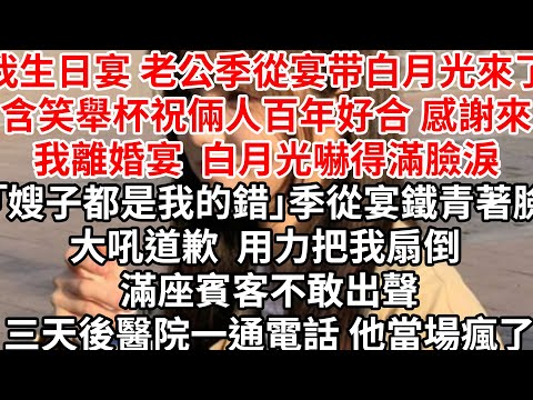 我生日宴 老公季從宴带白月光來了，含笑舉杯祝倆人百年好合感謝來我離婚宴，白月光嚇得滿臉淚「嫂子都是我的錯」季從宴鐵青著臉大吼道歉  用力把我扇倒，滿座賓客們不敢出聲，三天後醫院一通電話 他當場瘋了