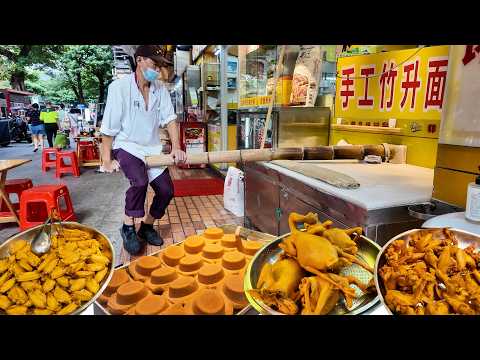 中國廣州漫食之旅，手工竹升麵做法奇特，古法布拉腸經典美味，10元1斤純土鷄蛋無水蛋糕堪稱平靚正，“老廣食堂”名不虛傳