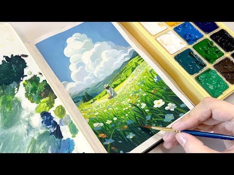 Cozy Art Video / Studio Ghibli Painting / Landscape Painting with Gouache / Paint with Me ✨
